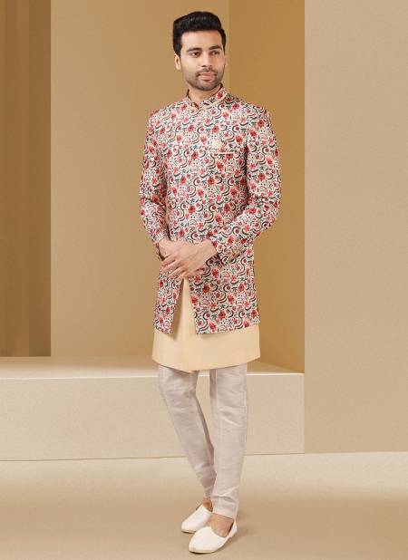 Maroon Colour Festive Wear Banarasi Silk Digital Print Kurta Pajama With Jacket Mens Collection 1405